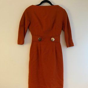 XXS | Early 60s orange tweed wool wiggle dress with brass accents - 25" waist